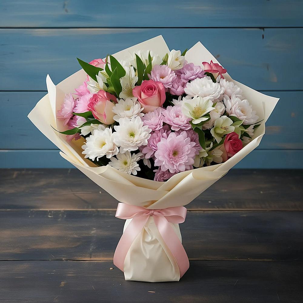 Букет цветов из: Хризантемы, Альстромерии и Розы в Колычево